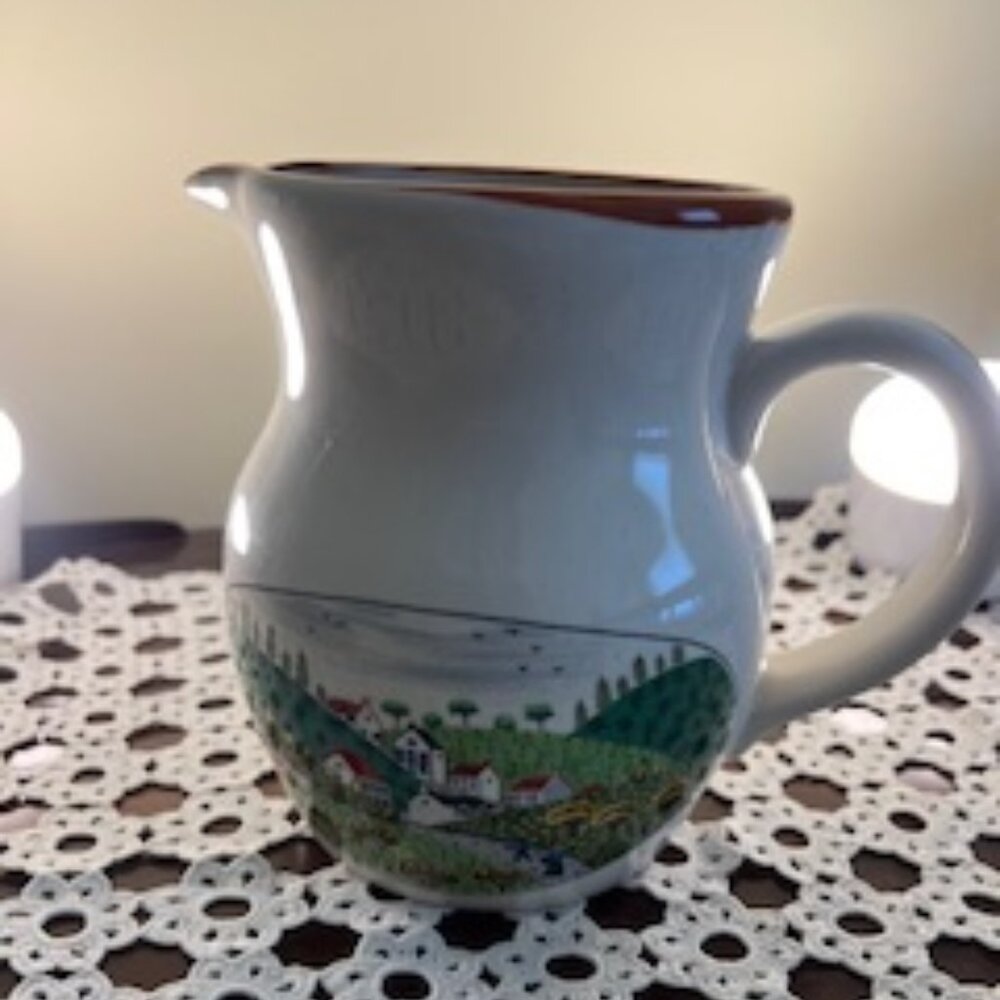 Newcor Stoneware Pitcher Country Village 6" Tall 64 oz Village Farm Scene New